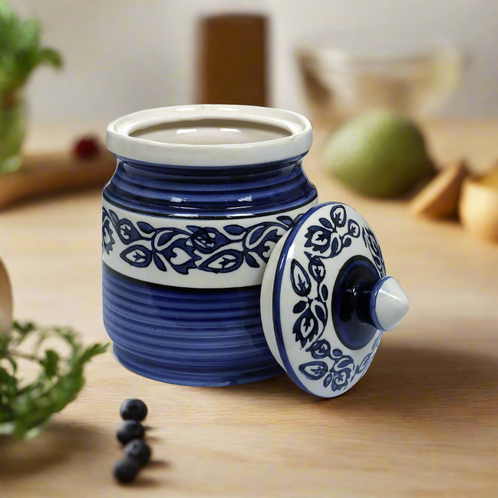 RAJ ROYAL Blue Pottery Hand Paintaed Mughal Ceramic Cornichon Storage Jar for Sugar | 750 GR