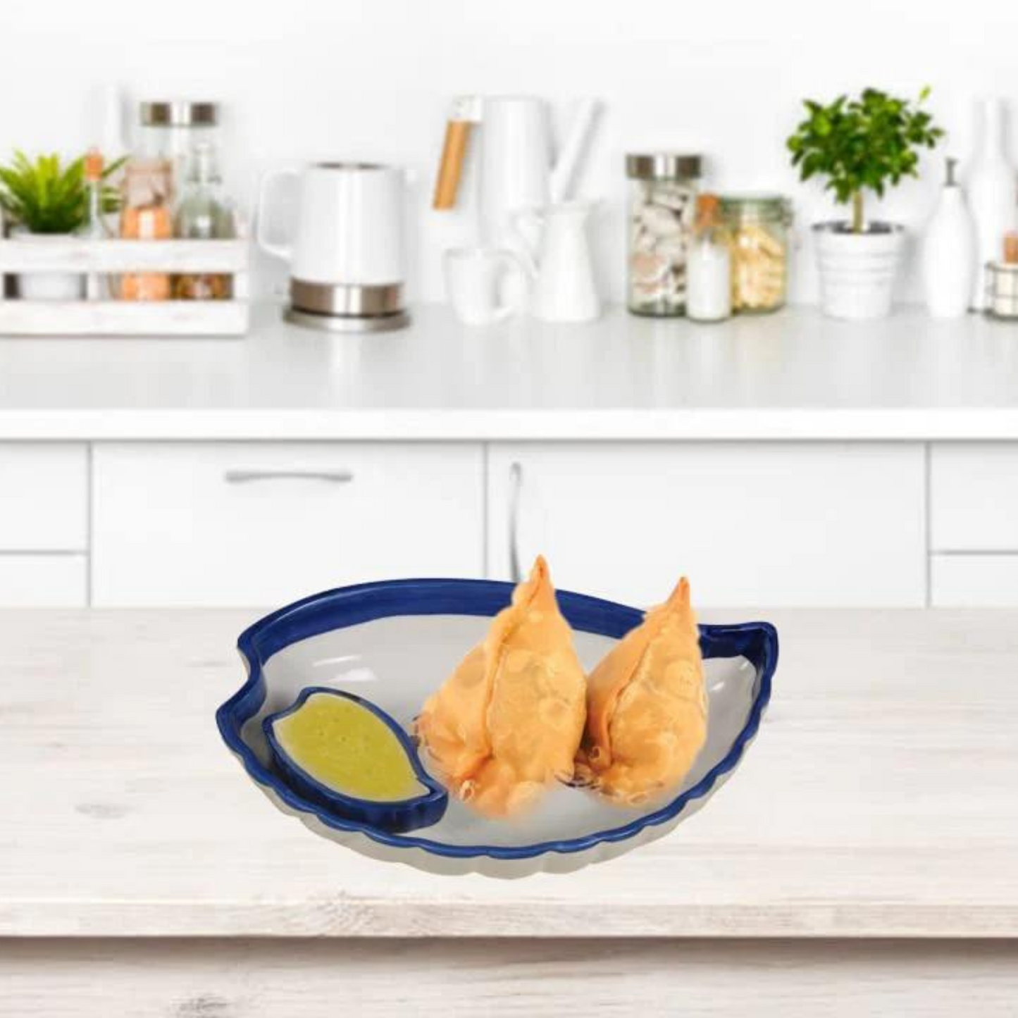 RAJ ROYAL Ceramic Serving Platter Hand Painted with Attached Small Chutney Bowl - 2 Piece