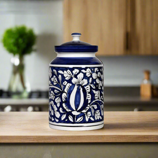 RAJ ROYAL Blue Pottery Hand Painted Mughal Ceramic Storage Pickle Jar for Home, 2 KG