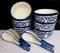 Raj Royal Ceramic Dinning Serving /Snack/ Mixing /Vegetable / Cereal / Soup / Salad / Tableware / Pudding Multipurpose / Desert / Food Storage Container / Hand Painted Blue Bail Bowl Set of 4 /Microwave Safe/(1300 ML, 700 ML, 500 ML, 300 ML)