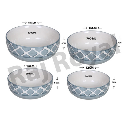 Raj Royal Ceramic Dinning Serving /Snack/ Mixing /Vegetable / Cereal / Soup / Salad / Tableware / Pudding Multipurpose / Desert / Food Storage Container / Hand Painted   Green Line Bowl Set of 4 /Microwave Safe/(1300 ML, 700 ML, 500 ML, 300 ML)