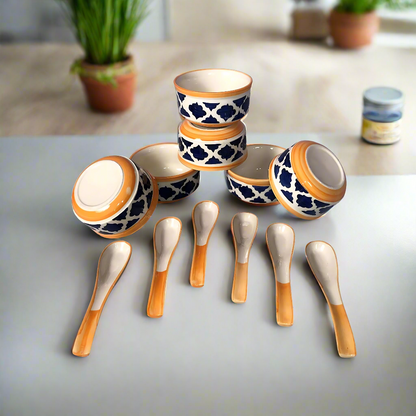 RAJ ROYAL Handmade Ceramic Hand Painted Blue Pottery Jumbo Soup Bowl and Spoons for Oats Noodles ceraluck Set of 6-350 ml Each