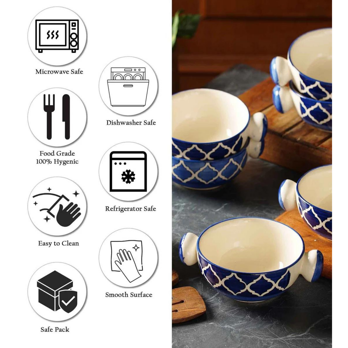 RAJ ROYAL Hand painted Blue Pottery Mughal Design Ceramic Soup Bowl with Handle - Set of 6 | Dessert Bowls | Cereal Bowls | Serving Bowls |Soup Bowls Set with Handle / Maggi Bowls (300 ML Each)