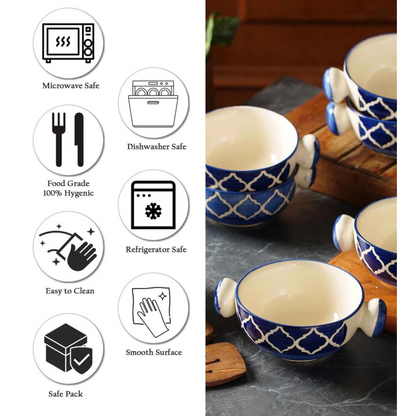 RAJ ROYAL Hand painted Blue Pottery Mughal Design Ceramic Soup Bowl with Handle - Set of 6 | Dessert Bowls | Cereal Bowls | Serving Bowls |Soup Bowls Set with Handle / Maggi Bowls (300 ML Each)