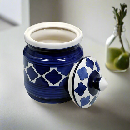 RAJ ROYAL Blue Pottery Hand Painted Cornichon Storage Jar Container with Lid Ceramic Food Storage Multipurpose Storage Container for Home (Set of 2, 750Grm, Blue)