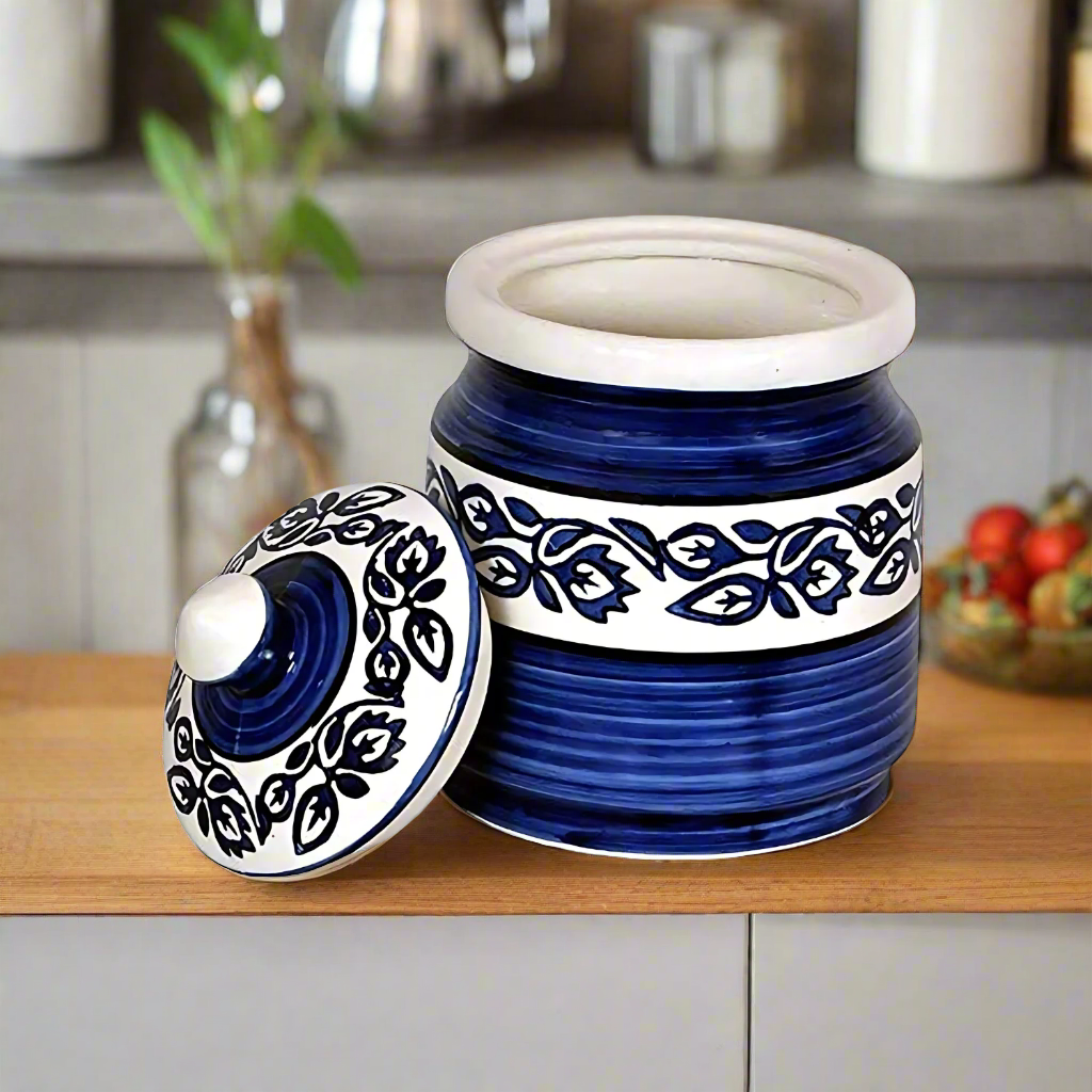 RAJ ROYAL Blue Pottery Hand Paintaed Mughal Ceramic Cornichon Storage Jar for Sugar | 750 GR