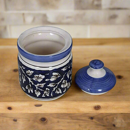 RAJ ROYAL Blue Pottery Hand Painted Cornichon Storage Jar Container with Lid Ceramic Food Storage Multipurpose Storage Container for Home (Set of 2, 750Grm, Blue)