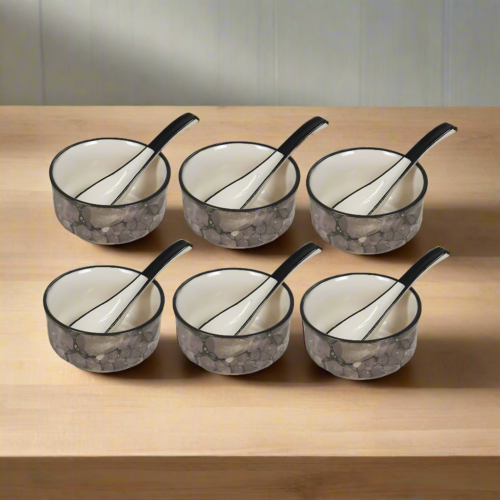 RAJ ROYAL Handmade Ceramic Hand Painted Blue Pottery Jumbo Soup Bowl and Spoons for Oats Noodles ceraluck Set of 6-350 ml Each