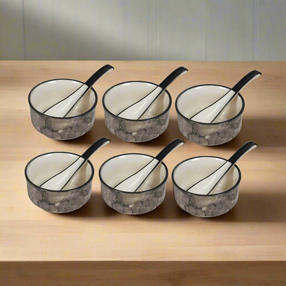 RAJ ROYAL Handmade Ceramic Hand Painted Blue Pottery Jumbo Soup Bowl and Spoons for Oats Noodles ceraluck Set of 6-350 ml Each