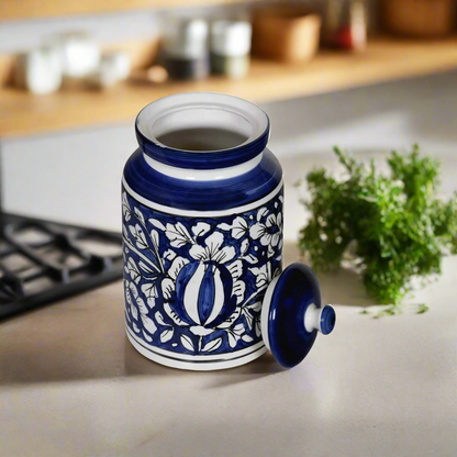 RAJ ROYAL Blue Pottery Hand Painted Mughal Ceramic Storage Pickle Jar for Home, 2 KG