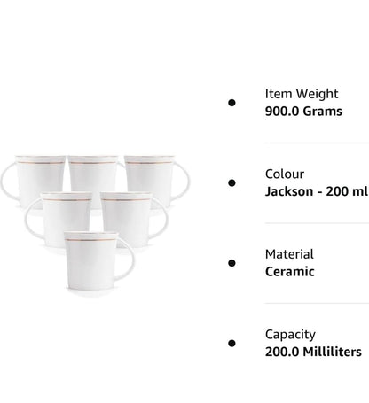 RAJ ROYAL Bone China Tea Coffee Cup Set Plain with Gold Line (Set of 6, 125 ML Each)