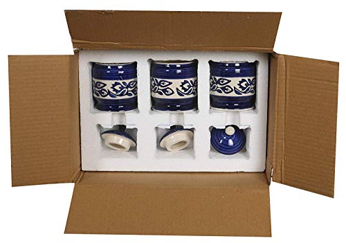 RAJ ROYAL Ceramic Food Storage Container with Lid & Tray - Set of 3-Storage Canister, Colour – Blue Cornichon Jar - Size: Height 2.9" x Diameter: 2.9", Capacity-200 Gm. Each