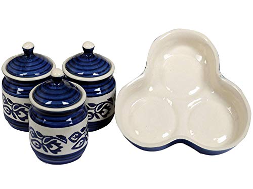 RAJ ROYAL Ceramic Food Storage Container with Lid & Tray - Set of 3-Storage Canister, Colour – Blue Cornichon Jar - Size: Height 2.9" x Diameter: 2.9", Capacity-200 Gm. Each