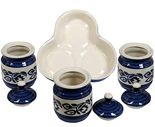 RAJ ROYAL Ceramic Food Storage Container with Lid & Tray - Set of 3-Storage Canister, Colour – Blue Cornichon Jar - Size: Height 2.9" x Diameter: 2.9", Capacity-200 Gm. Each