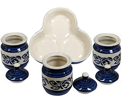 RAJ ROYAL Ceramic Food Storage Container with Lid & Tray - Set of 3-Storage Canister, Colour – Blue Cornichon Jar - Size: Height 2.9" x Diameter: 2.9", Capacity-200 Gm. Each
