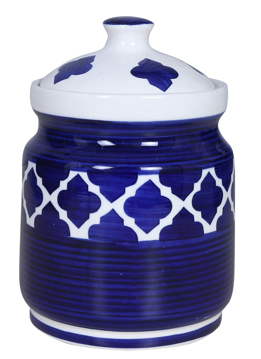RAJ ROYAL Pottery Hand Paintaed Mughal Ceramic Cornichon Storage Jar Martban Barni Container for Pickle Tea Sugar Dal Massala Curd Home (4 Litre, Blue)