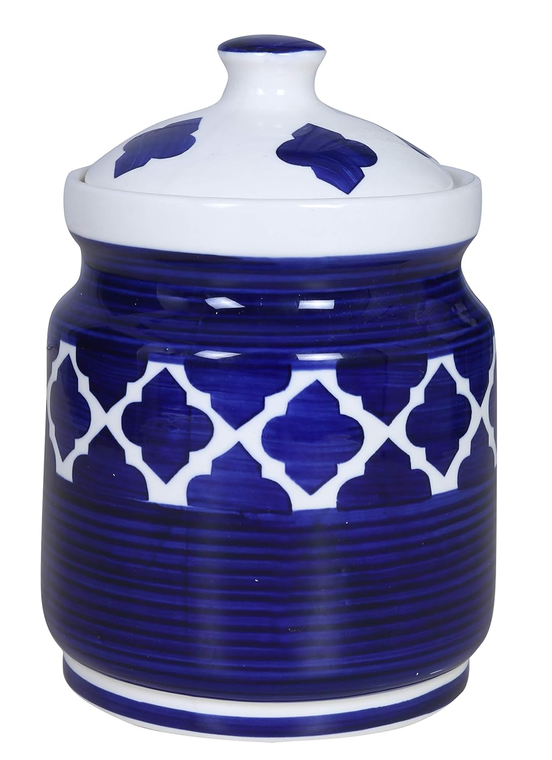 RAJ ROYAL Hand Painted Ceramic Cornichon Storage Jar for Pickle Dry items White Pottery Dry Food Storage Container Donga with Lid For Kitchen, Home - Multipurpose Storage Canister (Blue)