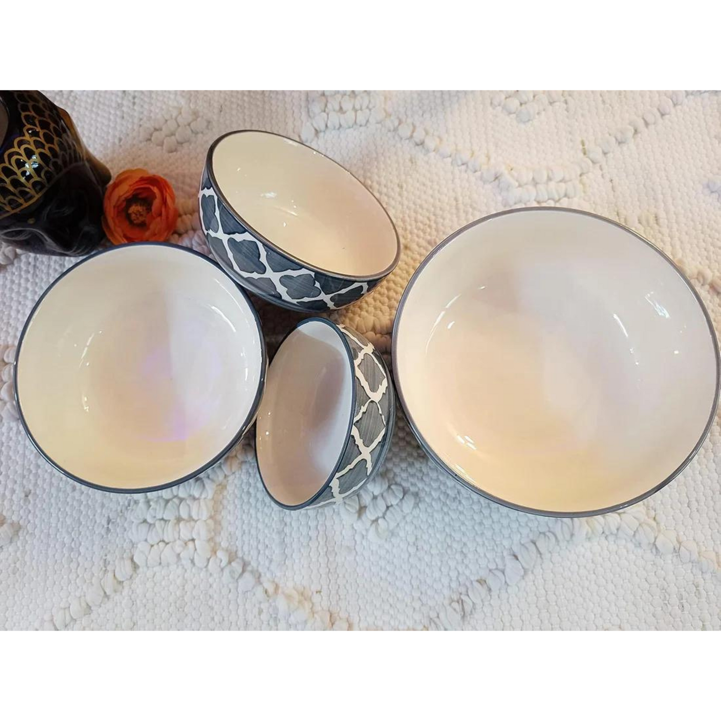 Raj Royal Ceramic Dinning Serving /Snack/ Mixing /Vegetable / Cereal / Soup / Salad / Tableware / Pudding Multipurpose / Desert / Food Storage Container / Hand Painted   Green Line Bowl Set of 4 /Microwave Safe/(1300 ML, 700 ML, 500 ML, 300 ML)