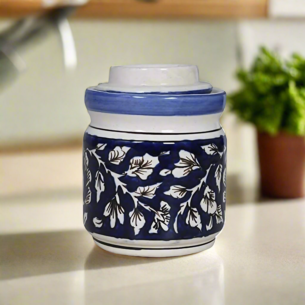 RAJ ROYAL Blue Pottery Hand Painted Cornichon Storage Jar Container with Lid Ceramic Food Storage Multipurpose Storage Container for Home (Set of 2, 750Grm, Blue)