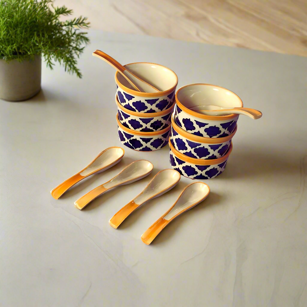 RAJ ROYAL Handmade Ceramic Hand Painted Blue Pottery Jumbo Soup Bowl and Spoons for Oats Noodles ceraluck Set of 6-350 ml Each