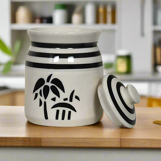 RAJ ROYAL Ceramic Serving Pot Modeling Clay Grey Pottery Handmade Painted Cornichon Crockery Pulses Rice Dry Fruit Pickle Storage Jar For Dining Table Kitchen Set Storage Canister (White, 750 Grams)