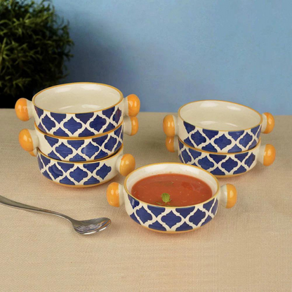 RAJ ROYAL Hand painted Blue Pottery Mughal Design Ceramic Soup Bowl with Handle - Set of 6 | Dessert Bowls | Cereal Bowls | Serving Bowls |Soup Bowls Set with Handle / Maggi Bowls (300 ML Each)