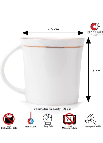 RAJ ROYAL Bone China Tea Coffee Cup Set Plain with Gold Line (Set of 6, 125 ML Each)