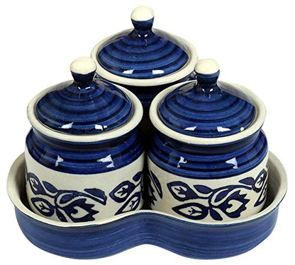 RAJ ROYAL Ceramic Food Storage Container with Lid & Tray - Set of 3-Storage Canister, Colour – Blue Cornichon Jar - Size: Height 2.9" x Diameter: 2.9", Capacity-200 Gm. Each