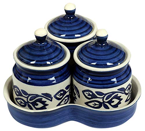 RAJ ROYAL Ceramic Food Storage Container with Lid & Tray - Set of 3-Storage Canister, Colour – Blue Cornichon Jar - Size: Height 2.9" x Diameter: 2.9", Capacity-200 Gm. Each