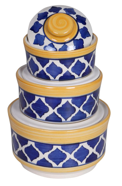 RAJ ROYAL Hand Painted Ceramic Cornichon Storage Jar for Pickle Dry items White Pottery Dry Food Storage Container Donga with Lid For Kitchen, Home - Multipurpose Storage Canister (Blue)