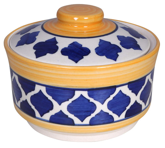 RAJ ROYAL Hand Painted Ceramic Cornichon Storage Jar for Pickle Dry items White Pottery Dry Food Storage Container Donga with Lid For Kitchen, Home - Multipurpose Storage Canister (Blue)