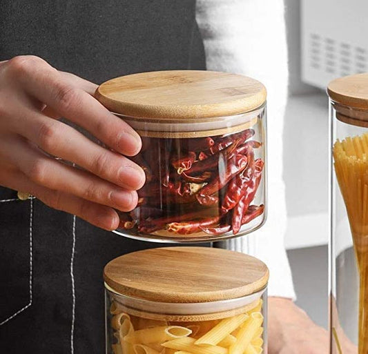 Raj Royal Airtight clear glass storage canister with wooden lid 500 ML Capacity