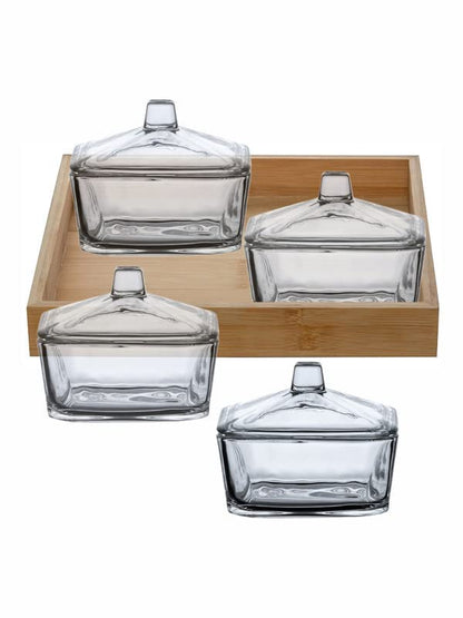 RAJ ROYAL Borosilicate Airtight Food Storage Jar Set of 4 with Pinewood Tray Capacity 300 ML