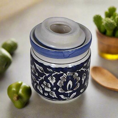RAJ ROYAL Blue Pottery Hand Painted Cornichon Storage Jar Container with Lid Ceramic Food Storage Multipurpose Storage Container for Home (Set of 2, 750Grm, Blue)