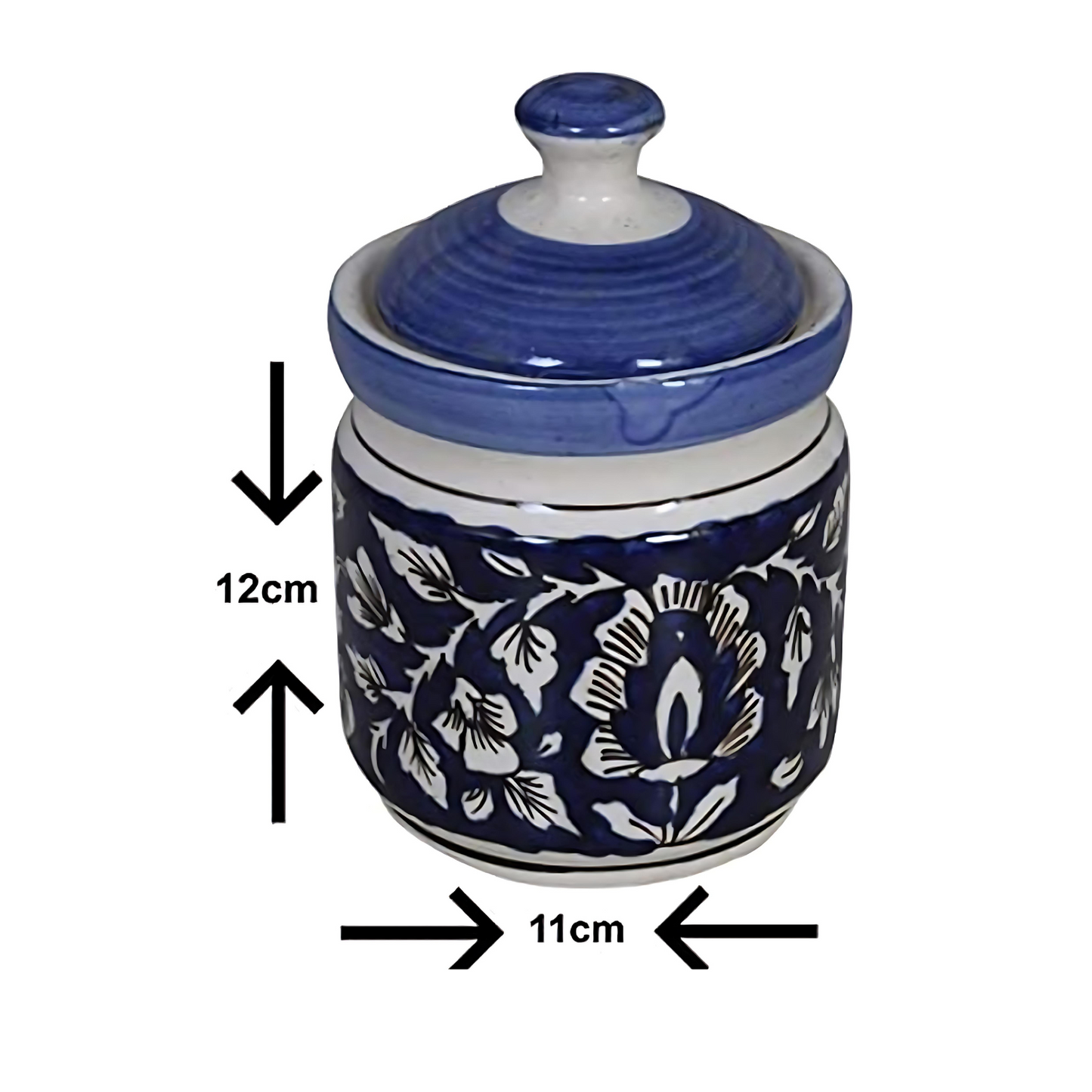 RAJ ROYAL Blue Pottery Hand Painted Cornichon Storage Jar Container with Lid Ceramic Food Storage Multipurpose Storage Container for Home (Set of 2, 750Grm, Blue)