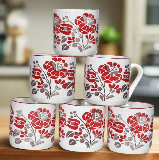 Raj Royal Ceramic Flower Printed Design Microwave safe Tea Cup/Coffee Mug Cup with Handle (Set of 6, Capacity - 300 ml)