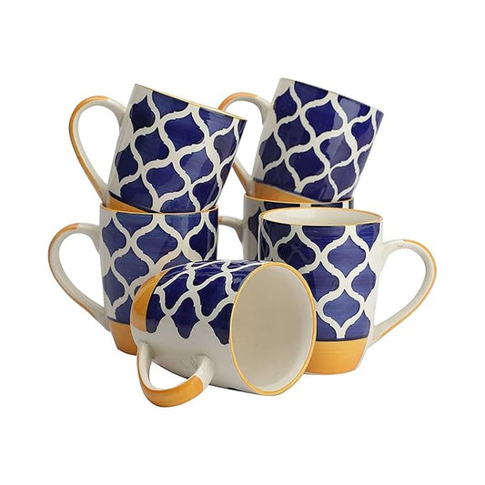 Raj Rayol Handcrafted Microwave Safe Pure Ceramic Coffee Mug/Tea Cup Set with Handle Set of 6 (Blue & Yellow)