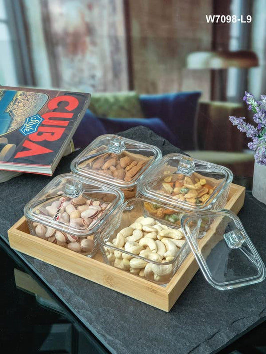 RAJ ROYAL Borosilicate Airtight Food Storage Jar Set of 4 with Pinewood Tray Capacity 300 ML