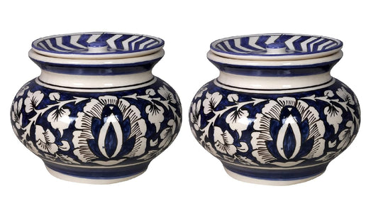 RAJ ROYAL Hand Painted Ceramic Cornichon Storage Jar for Pickle Dry Items Pottery Dry Food Storage Container Donga with Lid For Kitchen Home (Pack Of 2) (11x11x11 cm_750 ML)