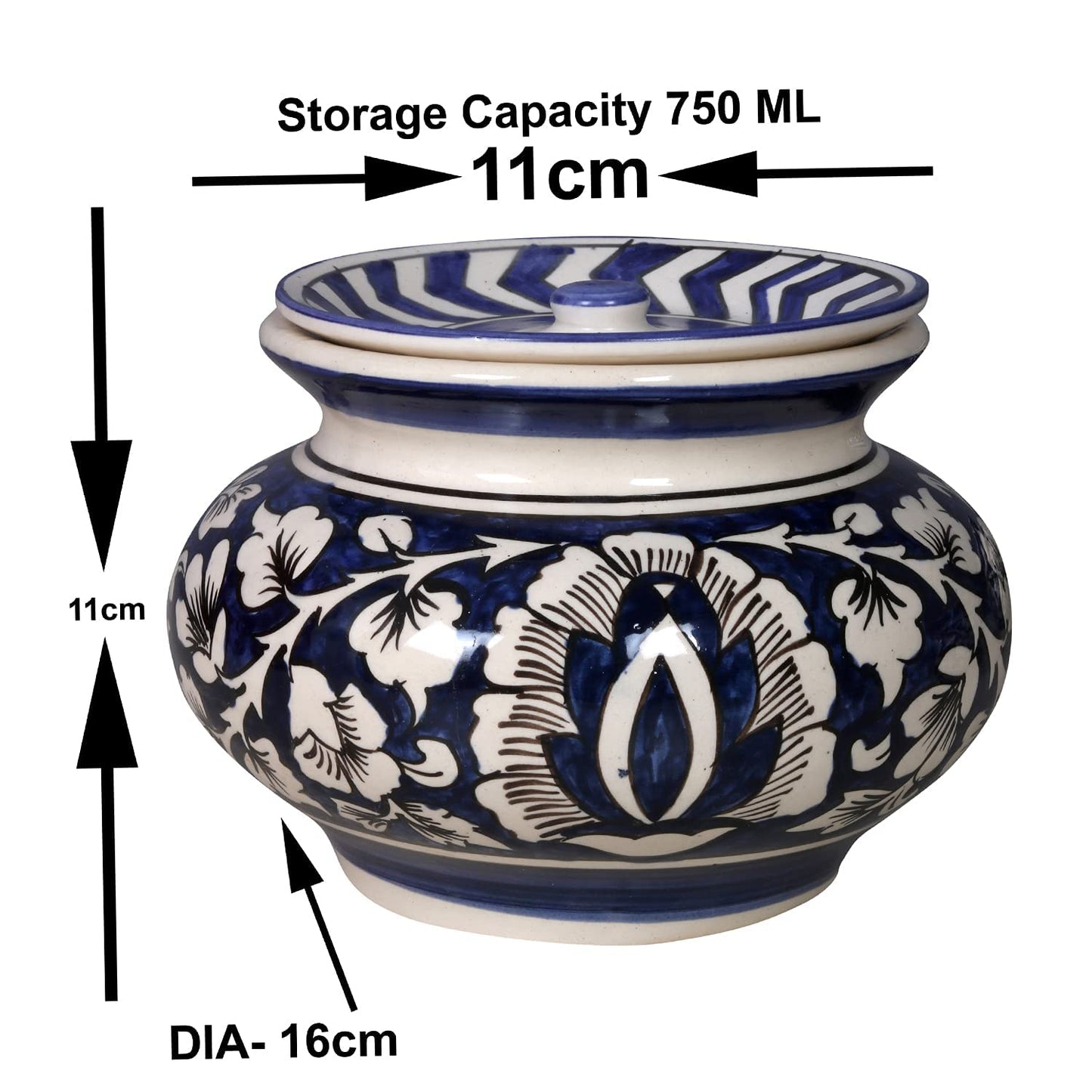 RAJ ROYAL Hand Painted Ceramic Cornichon Storage Jar for Pickle Dry Items Pottery Dry Food Storage Container Donga with Lid For Kitchen Home (Pack Of 2) (11x11x11 cm_750 ML)