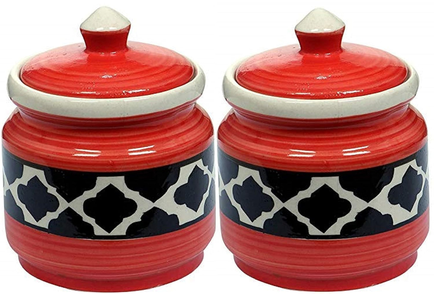RAJ ROYAL Blue Pottery Hand Painted Cornichon Storage Jar Container with Lid Ceramic Food Storage Multipurpose Storage Container for Home (Set of 2, 750Grm, Blue)