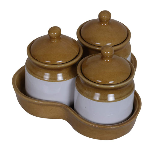 RAJ ROYAL Ceramic Food Storage Container with Lid & Tray - Set of 3-Storage Canister, Colour – White & Brown Cornichon Jar - Size: Height 2.9" x Diameter: 2.9", Capacity-200 Gm. Each