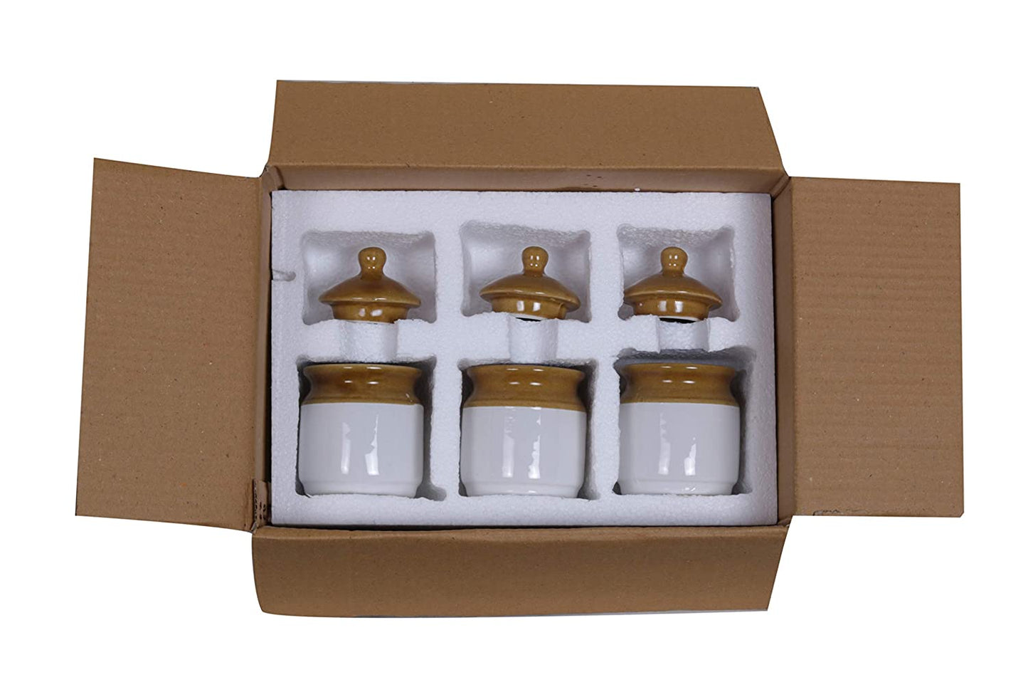 RAJ ROYAL Ceramic Food Storage Container with Lid & Tray - Set of 3-Storage Canister, Colour – White & Brown Cornichon Jar - Size: Height 2.9" x Diameter: 2.9", Capacity-200 Gm. Each