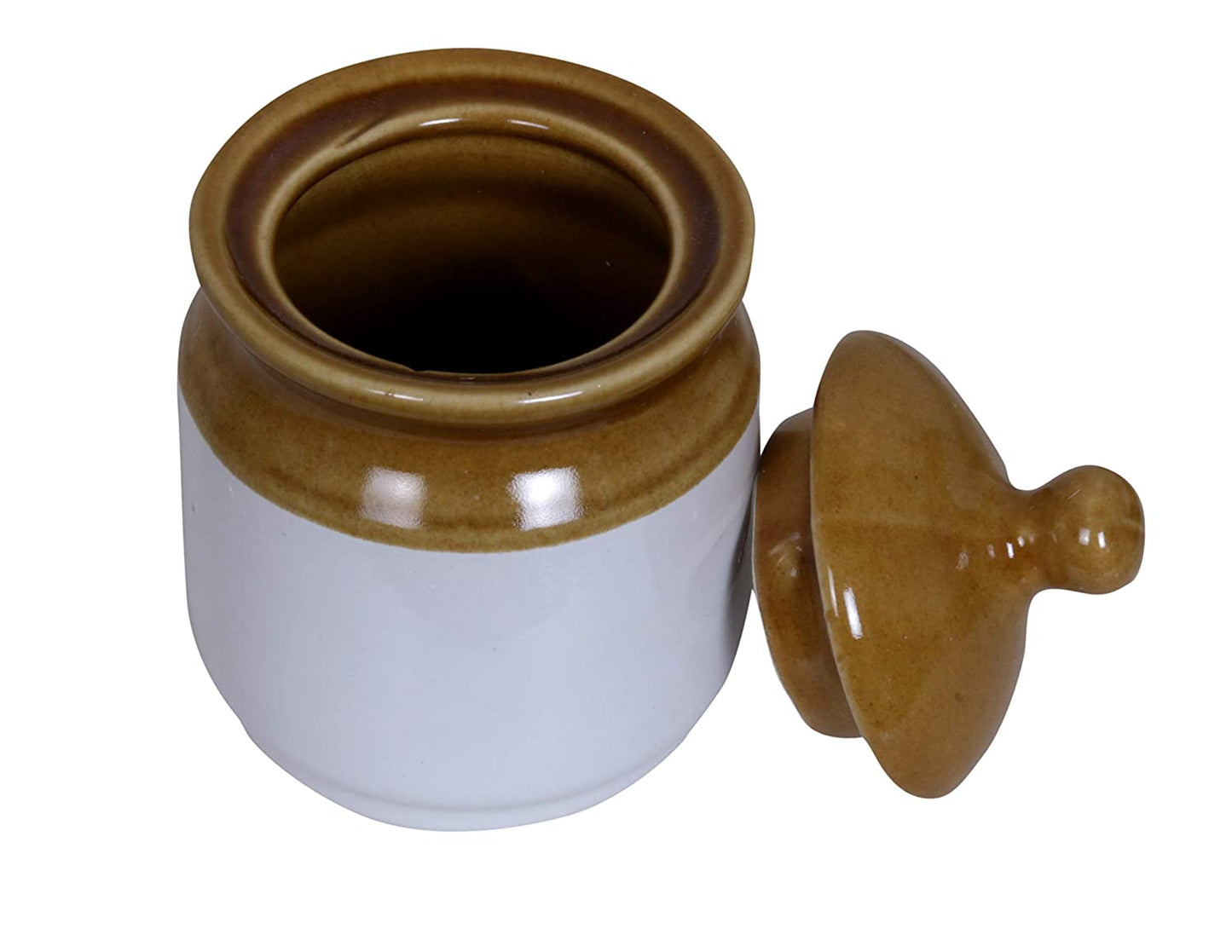 RAJ ROYAL Ceramic Food Storage Container with Lid & Tray - Set of 3-Storage Canister, Colour – White & Brown Cornichon Jar - Size: Height 2.9" x Diameter: 2.9", Capacity-200 Gm. Each