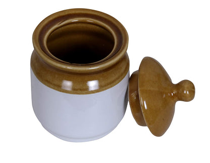 RAJ ROYAL Ceramic Food Storage Container with Lid & Tray - Set of 3-Storage Canister, Colour – White & Brown Cornichon Jar - Size: Height 2.9" x Diameter: 2.9", Capacity-200 Gm. Each