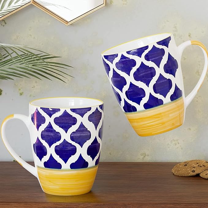 Raj Rayol Handcrafted Microwave Safe Pure Ceramic Coffee Mug/Tea Cup Set with Handle Set of 6 (Blue & Yellow)