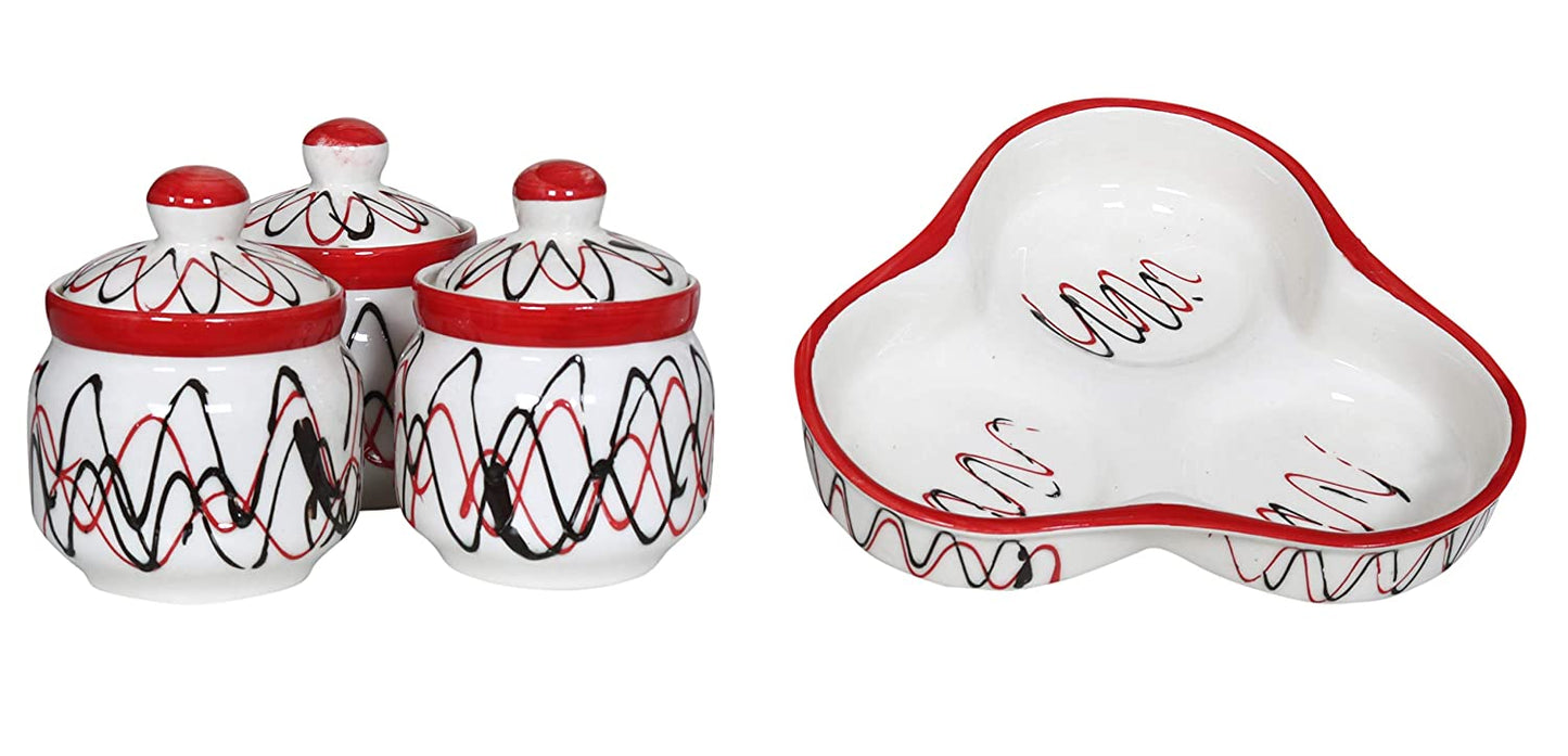 RAJ ROYAL Ceramic Food Storage Container with Lid & Tray - Set of 3-Storage Canister, Colour – Red & White Cornichon Jar - Size: Height 2.9" x Diameter: 2.9", Capacity-200 Gm. Each