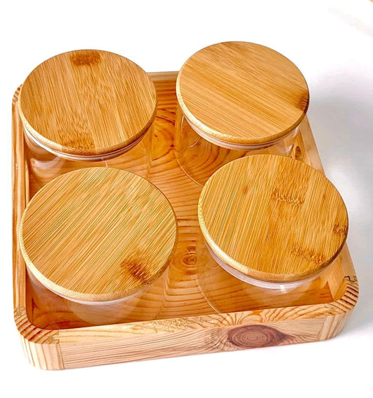 RAJ ROYAL Borosilicate Airtight Food Storage Jar Set of 4  with Wooden Lid And with Pinewood Tray Capacity  500 ML