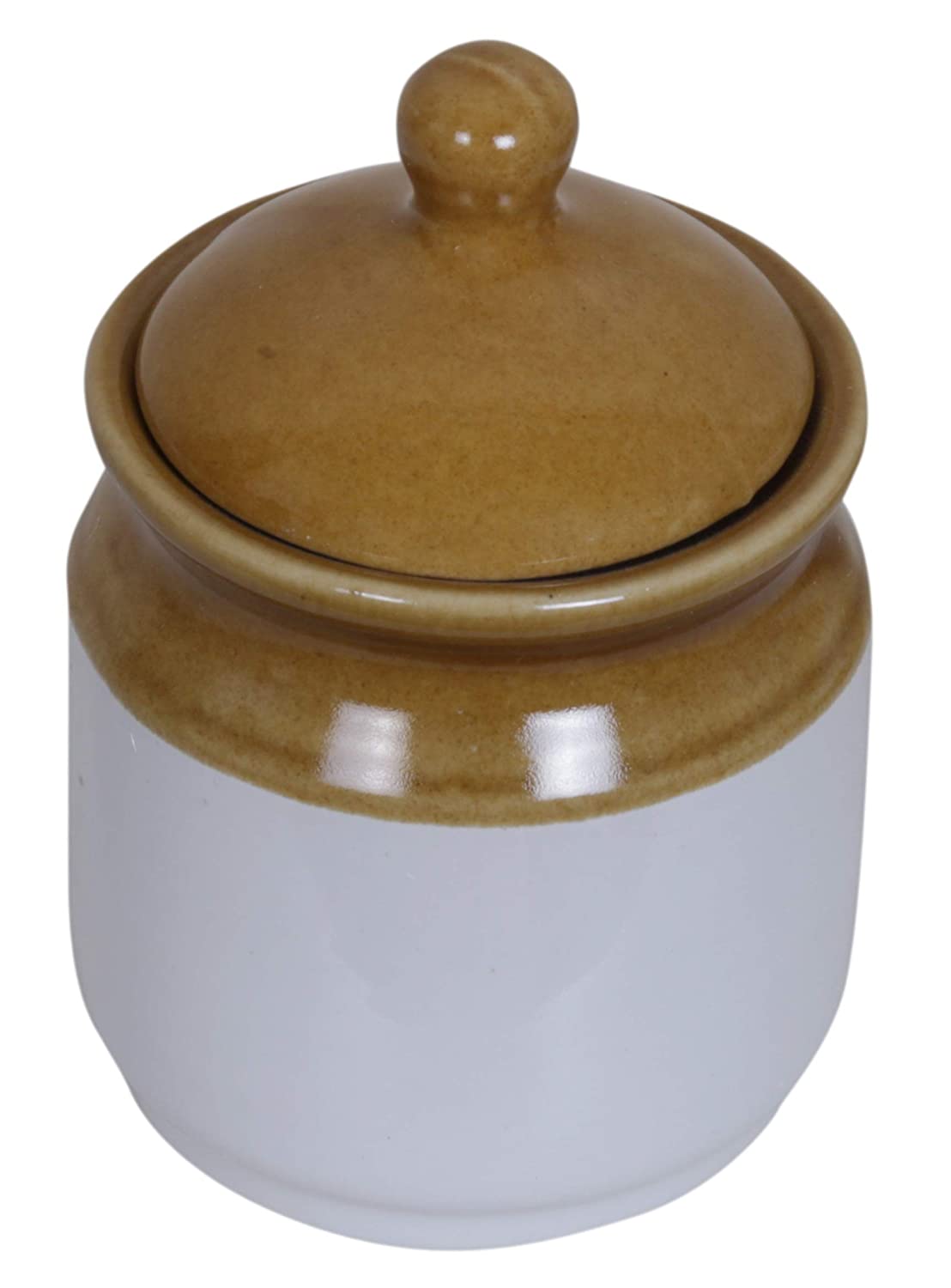 RAJ ROYAL Ceramic Food Storage Container with Lid & Tray - Set of 3-Storage Canister, Colour – White & Brown Cornichon Jar - Size: Height 2.9" x Diameter: 2.9", Capacity-200 Gm. Each