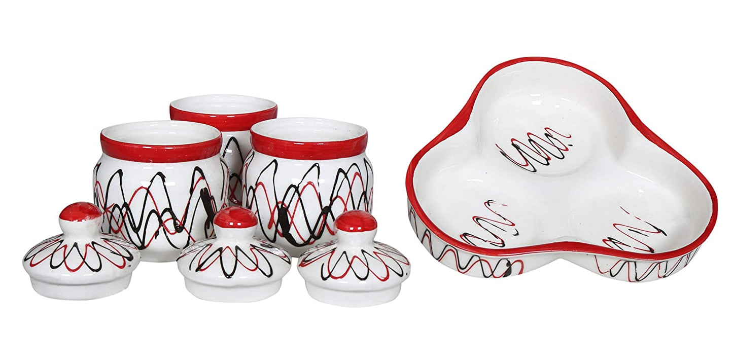 RAJ ROYAL Ceramic Food Storage Container with Lid & Tray - Set of 3-Storage Canister, Colour – Red & White Cornichon Jar - Size: Height 2.9" x Diameter: 2.9", Capacity-200 Gm. Each